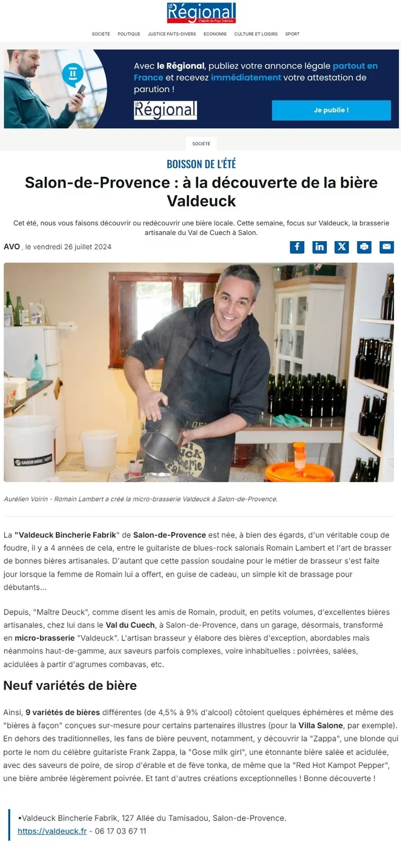 Le régional du 26 juillet 2024 sur la Valdeuck Bincherie Fabrik