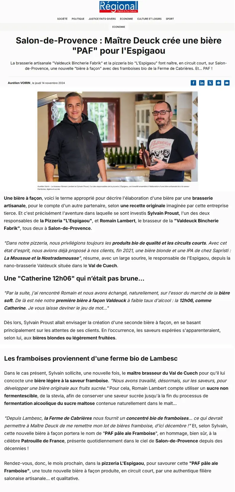 La Valdeuck Bincherie Fabrik dans Le Régional du 14-11-2024